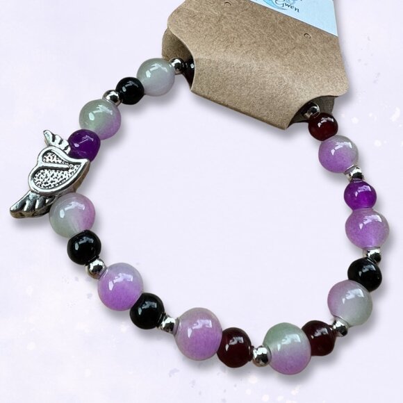Purple and Black Glass Beaded Stretchy Bracelet with Silver Accents - Picture 1 of 2